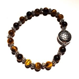 6mm Tiger Eye Lotus Silver Stretch Bracelet